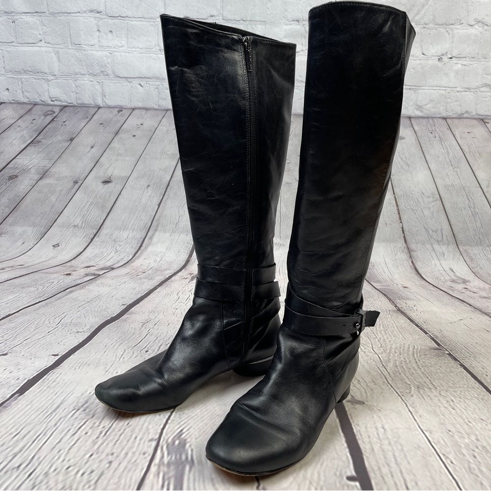 KARL LAGERFELD black leather side zip round heel riding boots, size 8.5 - Picture 4 of 15